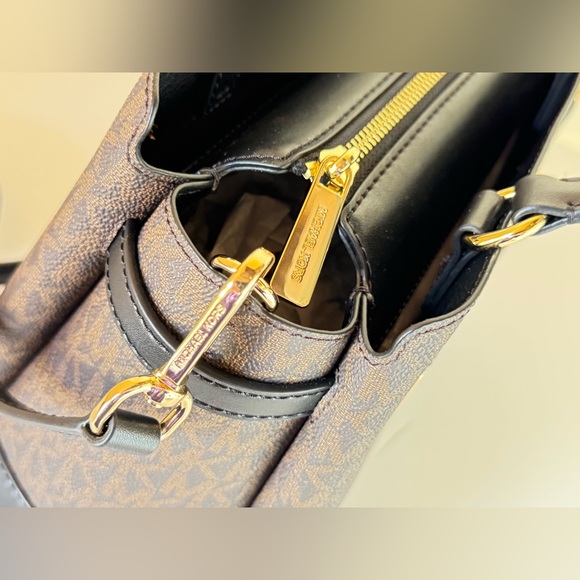 Michael Kors Reed Small Belted Satchel Shoulder Crossbody Bag MK Brown/Black - Picture 12 of 12